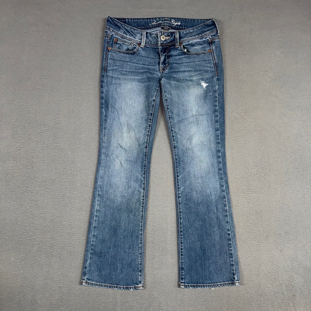 American Eagle Jeans Womens 6 Short Blue Slim Boot Low Rise Distressed Denim